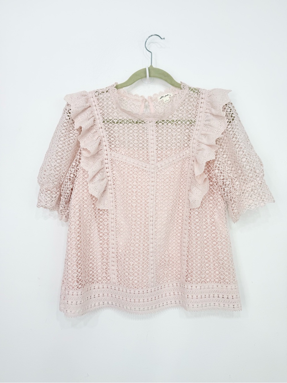 Ultra Pink Blush Pink Open Lace Ruffle Short Sleeve Romantic Victorian Blouse